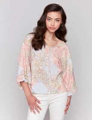 Abstract Printed Wide 3/4 Sleeve Blouse with Ladder Stitch Accents by Charlie B