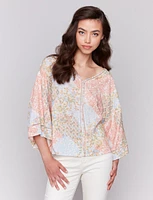 Abstract Printed Wide 3/4 Sleeve Blouse with Ladder Stitch Accents by Charlie B