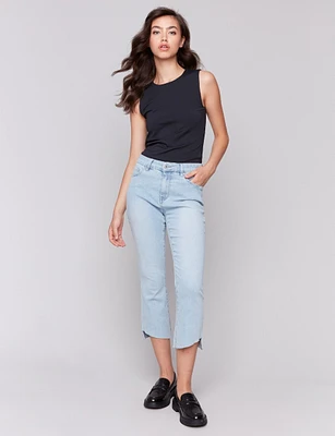 Elegant Light Wash Asymmetrical Hemline Stretchy Cropped Jeans by Charlie B.