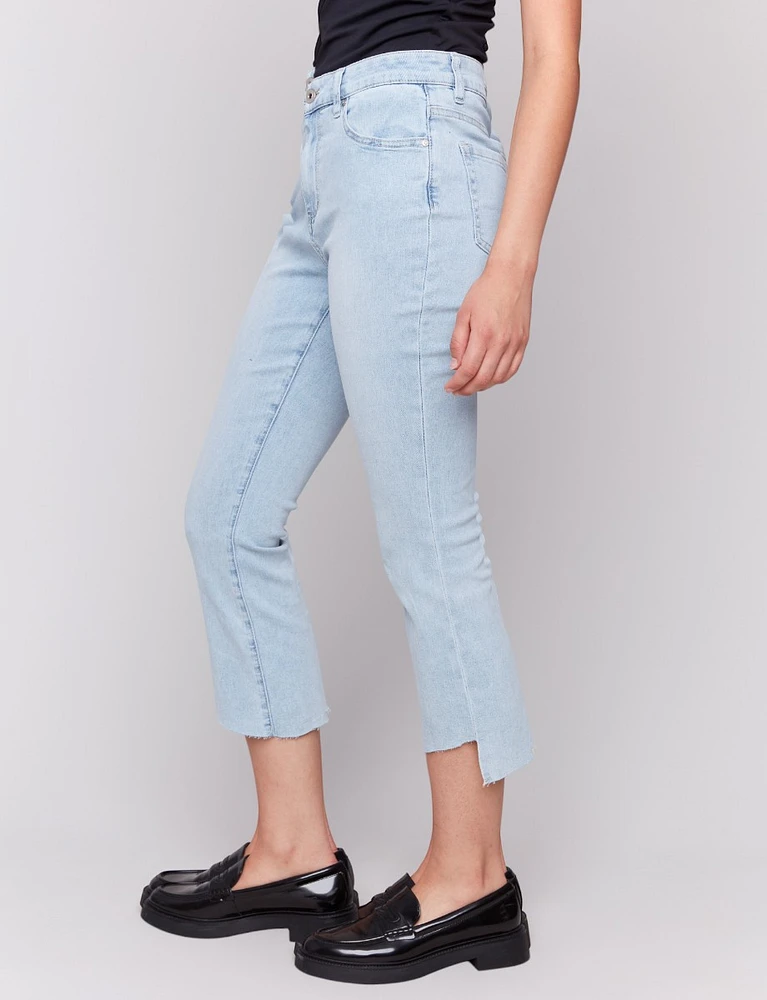 Elegant Light Wash Asymmetrical Hemline Stretchy Cropped Jeans by Charlie B.