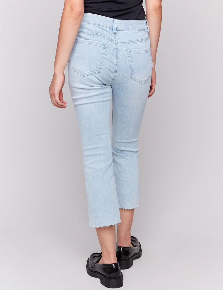Elegant Light Wash Asymmetrical Hemline Stretchy Cropped Jeans by Charlie B.