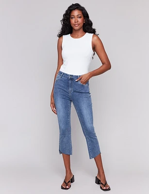 Medium Wash Asymmetrical Hemline Stretchy Cropped Mid-Rise Jeans by Charlie B.