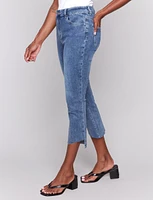 Medium Wash Asymmetrical Hemline Stretchy Cropped Mid-Rise Jeans by Charlie B.