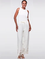 Pull-On Wide Leg Linen Pants with Eyelet Embroidered Hem by Charlie B