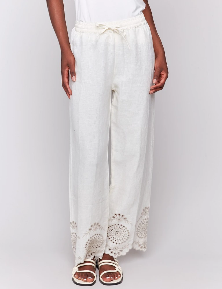 Pull-On Wide Leg Linen Pants with Eyelet Embroidered Hem by Charlie B