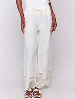 Pull-On Wide Leg Linen Pants with Eyelet Embroidered Hem by Charlie B
