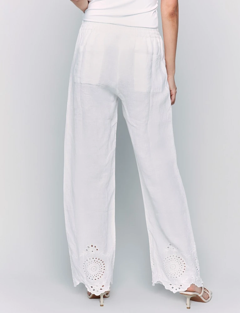 Pull-On Wide Leg Linen Pants with Eyelet Embroidered Hem by Charlie B