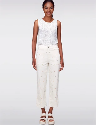 Stretch Straight Cut Embroidered Floral Detail Cropped Twill Pants by Charlie B.