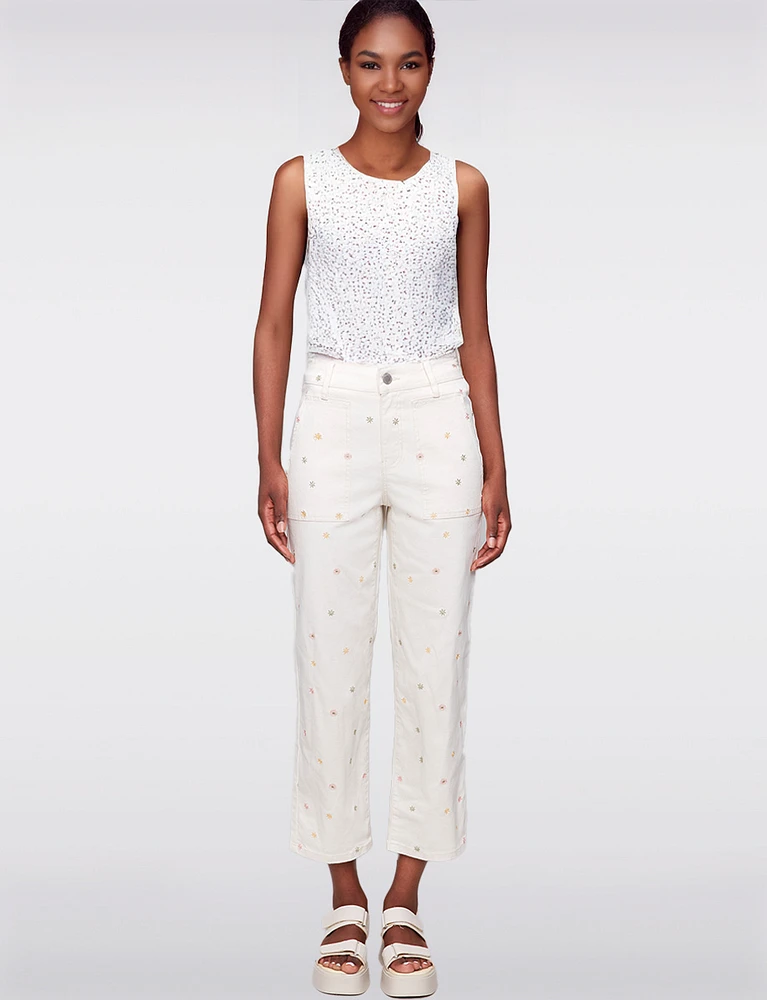 Stretch Straight Cut Embroidered Floral Detail Cropped Twill Pants by Charlie B.