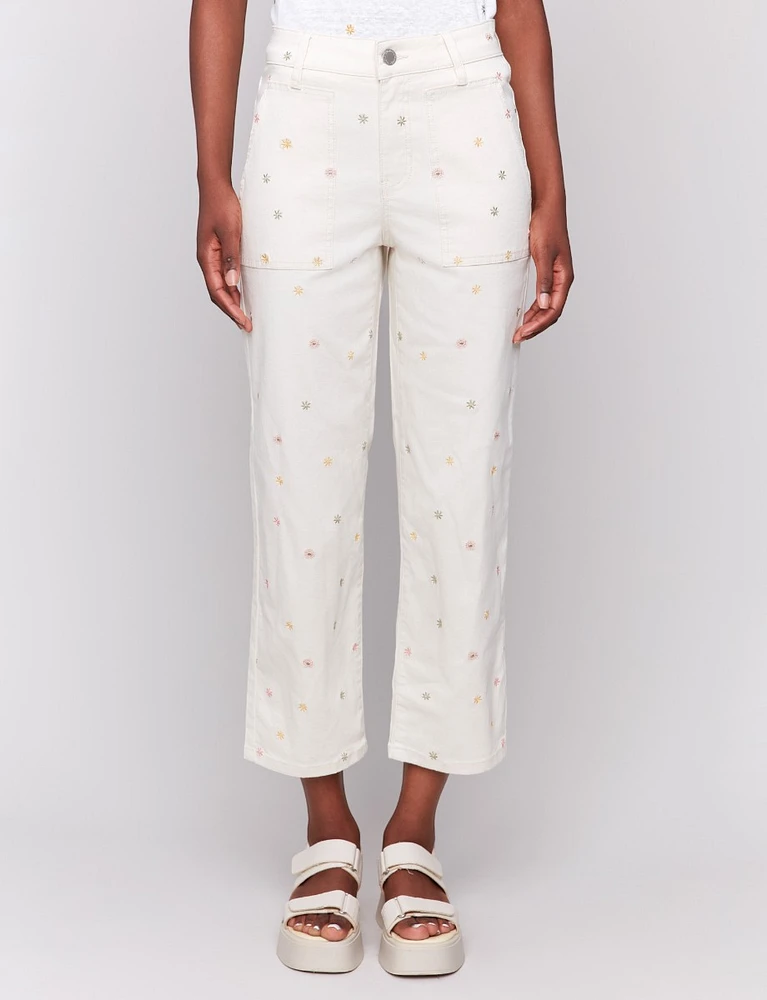 Stretch Straight Cut Embroidered Floral Detail Cropped Twill Pants by Charlie B.