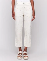 Stretch Straight Cut Embroidered Floral Detail Cropped Twill Pants by Charlie B.
