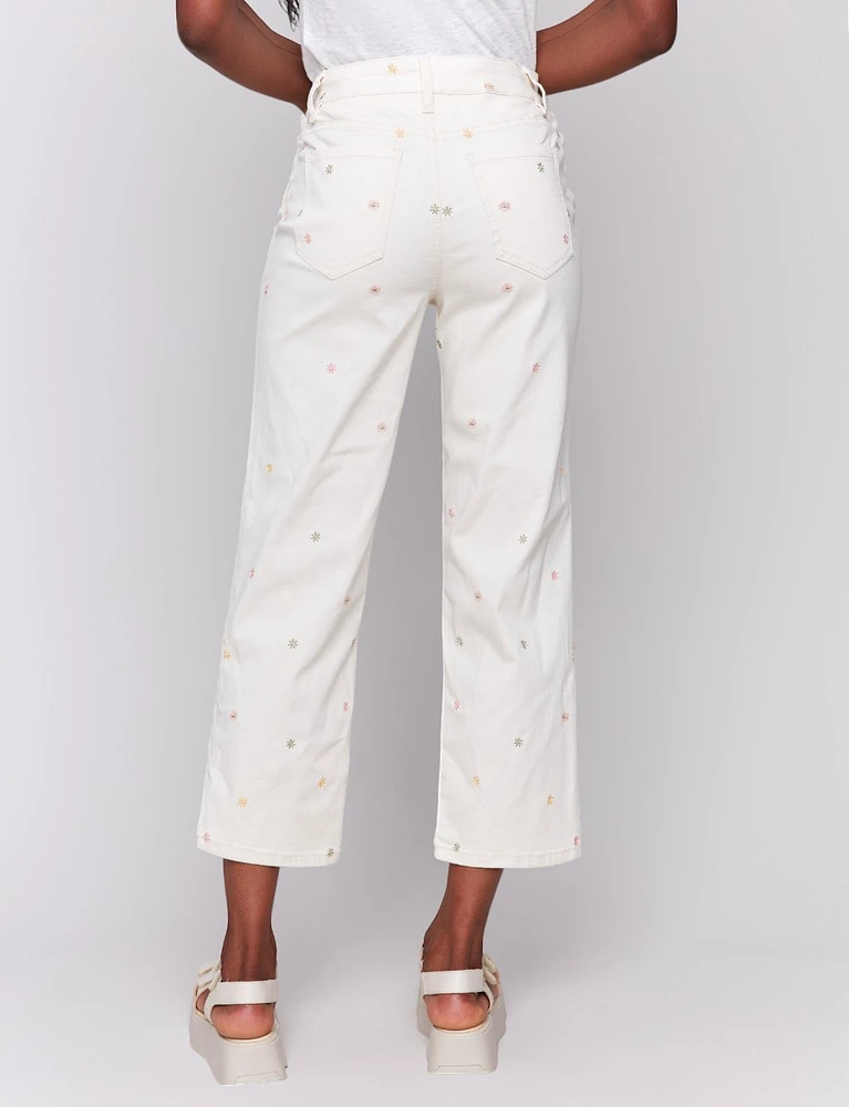 Stretch Straight Cut Embroidered Floral Detail Cropped Twill Pants by Charlie B.