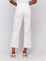 Stretch Straight Cut Embroidered Floral Detail Cropped Twill Pants by Charlie B.