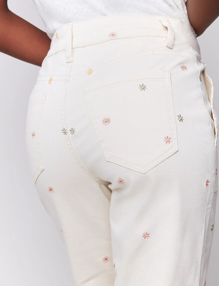 Stretch Straight Cut Embroidered Floral Detail Cropped Twill Pants by Charlie B.