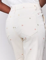 Stretch Straight Cut Embroidered Floral Detail Cropped Twill Pants by Charlie B.