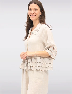 Chic Eyelet-Trimmed Button-Front Linen Shirt with Collar by Froccella