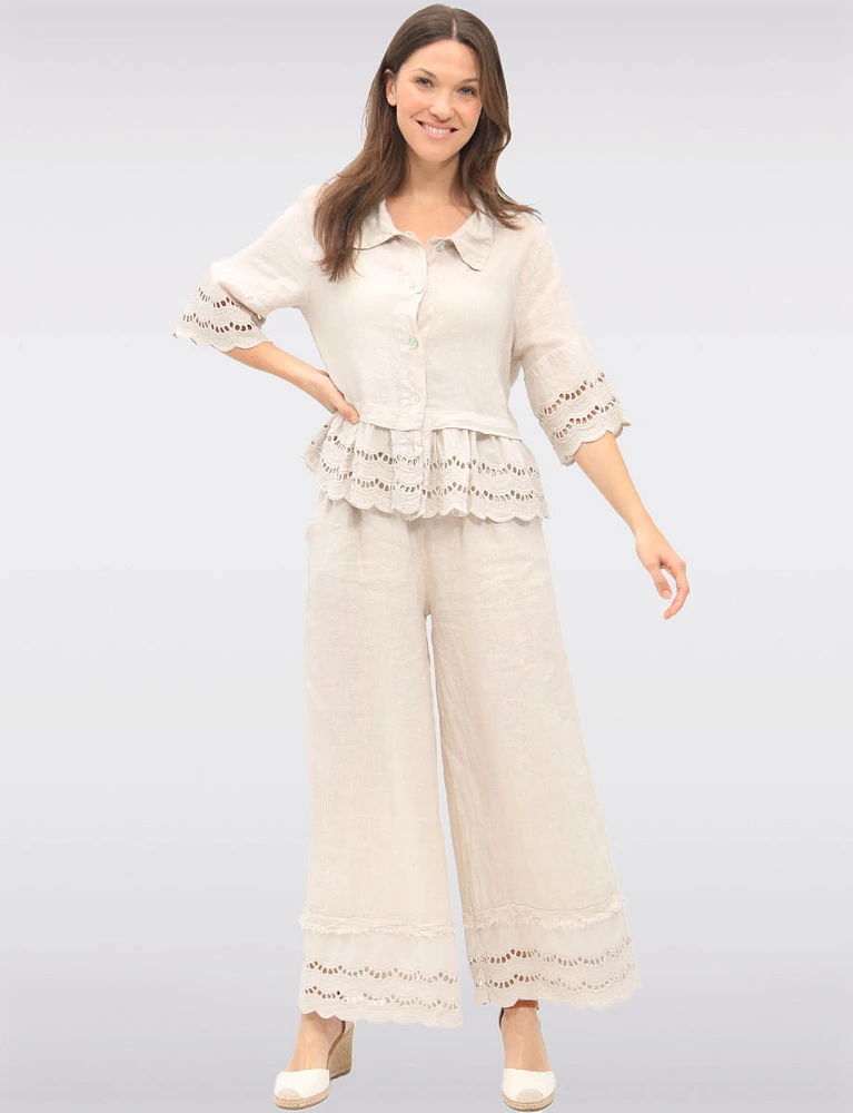 Chic Eyelet-Trimmed Button-Front Linen Shirt with Collar by Froccella