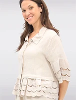 Chic Eyelet-Trimmed Button-Front Linen Shirt with Collar by Froccella