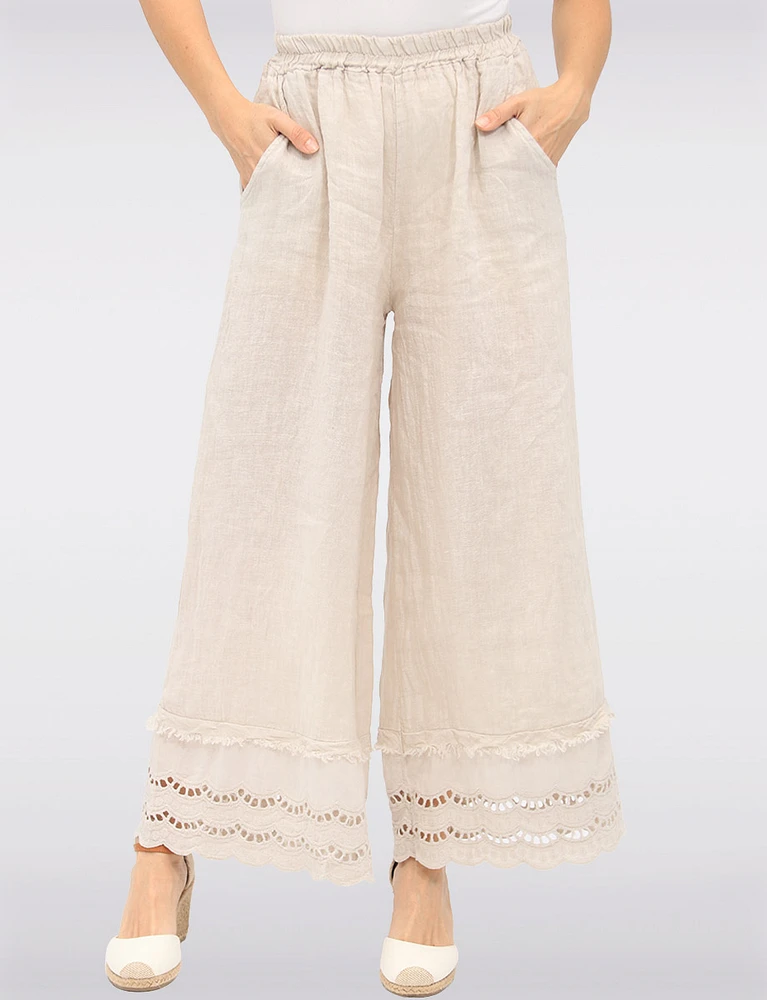 Eyelet-Trimmed Wide-Leg Linen Pants with Elastic Waist & Pockets by Froccella