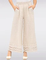 Eyelet-Trimmed Wide-Leg Linen Pants with Elastic Waist & Pockets by Froccella