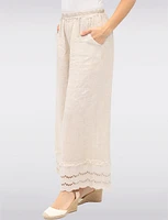 Eyelet-Trimmed Wide-Leg Linen Pants with Elastic Waist & Pockets by Froccella