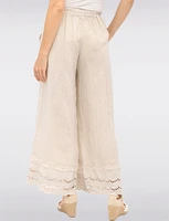 Eyelet-Trimmed Wide-Leg Linen Pants with Elastic Waist & Pockets by Froccella