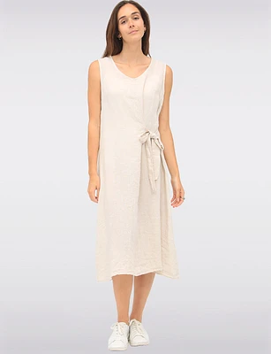 Elegant Solid Linen Sleeveless Dress with V-Neck and Side Tie by Froccella