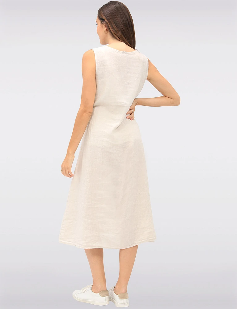 Elegant Solid Linen Sleeveless Dress with V-Neck and Side Tie by Froccella