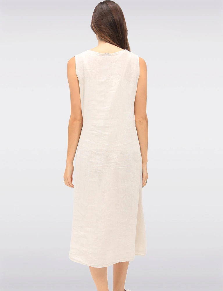 Elegant Solid Linen Sleeveless Dress with V-Neck and Side Tie by Froccella