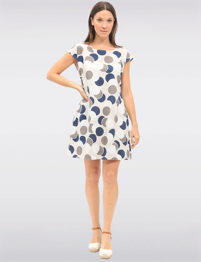 Polka Dot Linen & Cotton Cap Sleeve Dress With Knit Trim Slim Fit by Froccella