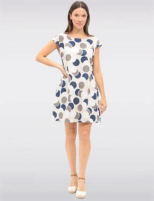 Polka Dot Linen & Cotton Cap Sleeve Dress With Knit Trim Slim Fit by Froccella