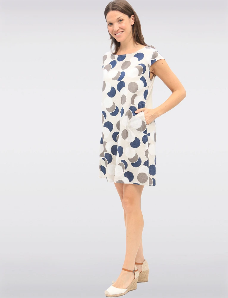 Polka Dot Linen & Cotton Cap Sleeve Dress With Knit Trim Slim Fit by Froccella