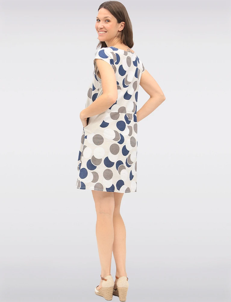 Polka Dot Linen & Cotton Cap Sleeve Dress With Knit Trim Slim Fit by Froccella