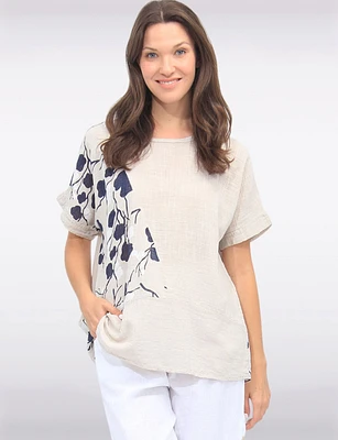 Loose Fit Side Floral Print Cotton Short Sleeve Scoop Neck Top by Froccella