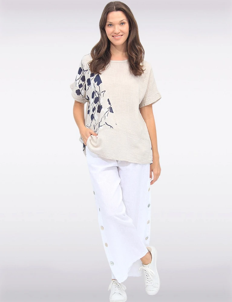 Loose Fit Side Floral Print Cotton Short Sleeve Scoop Neck Top by Froccella