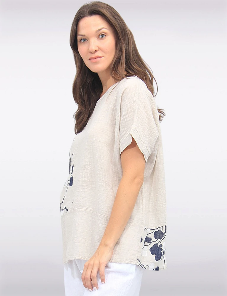 Loose Fit Side Floral Print Cotton Short Sleeve Scoop Neck Top by Froccella