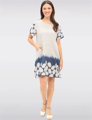 Short Sleeve Polka Dot and Floral Dress With Knit Trim at the Waist By Froccella