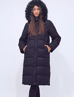 Detachable Faux Fur Hooded Houndstooth Pattern Long Puffer Coat by Frandsen