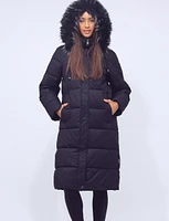 Detachable Faux Fur Hooded Houndstooth Pattern Long Puffer Coat by Frandsen