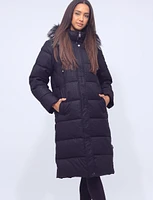 Detachable Faux Fur Hooded Houndstooth Pattern Long Puffer Coat by Frandsen