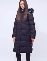 Detachable Faux Fur Hooded Houndstooth Pattern Long Puffer Coat by Frandsen