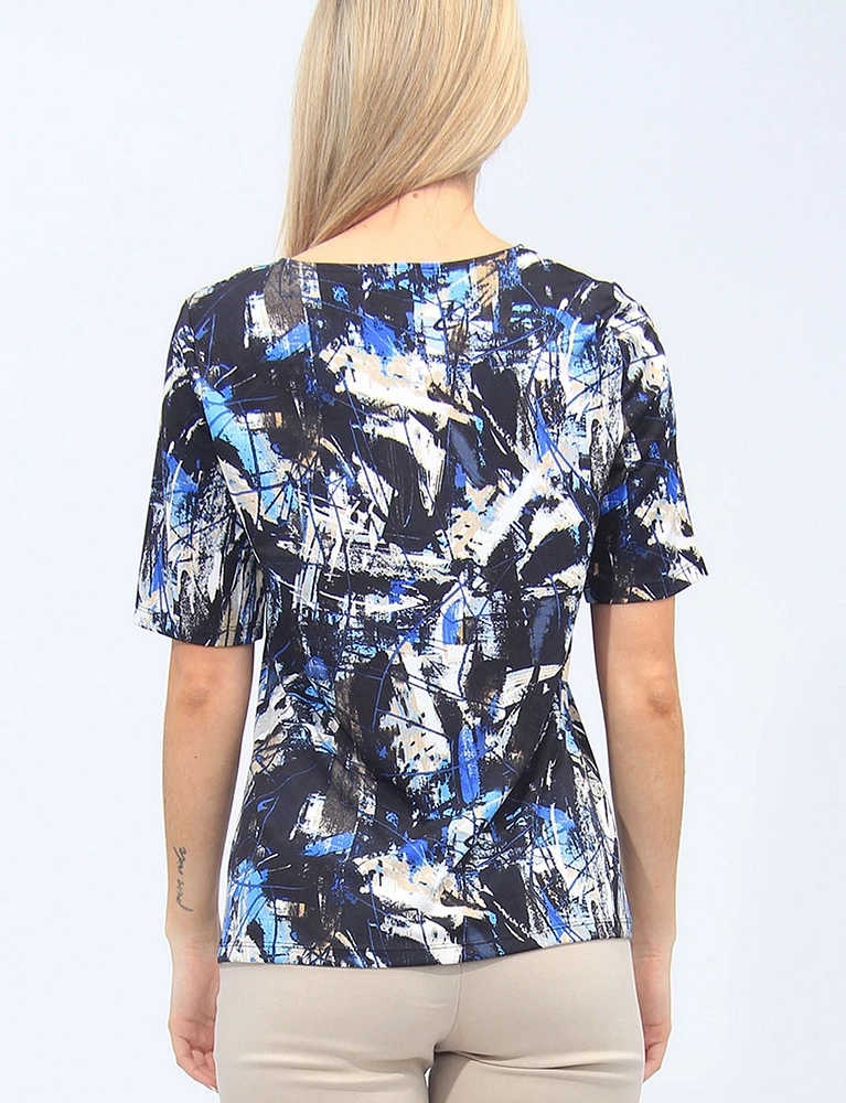 Abstract Printed Short Sleeve Top With Front Tie Gather By Amani Couture