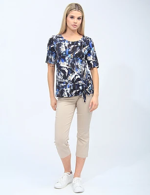 Abstract Printed Short Sleeve Top With Front Tie Gather By Amani Couture