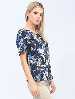 Abstract Printed Short Sleeve Top With Front Tie Gather By Amani Couture