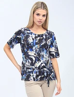 Abstract Printed Short Sleeve Top With Front Tie Gather By Amani Couture