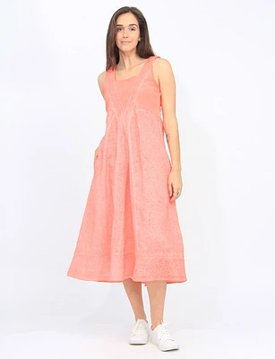 Long Linen Square Neck Dress with Crossover V and Cotton Knit Trim By Carré Noir