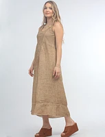 Long Linen Square Neck Dress with Crossover V and Cotton Knit Trim By Carré Noir