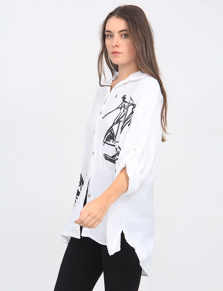 Scribble Print Button Down Oversized Shirt by Froccella