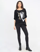 Metallic Foil Abstract Print Three-Quarter Sleeves Crinkled Top by Froccella