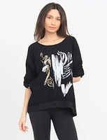 Metallic Foil Abstract Print Three-Quarter Sleeves Crinkled Top by Froccella